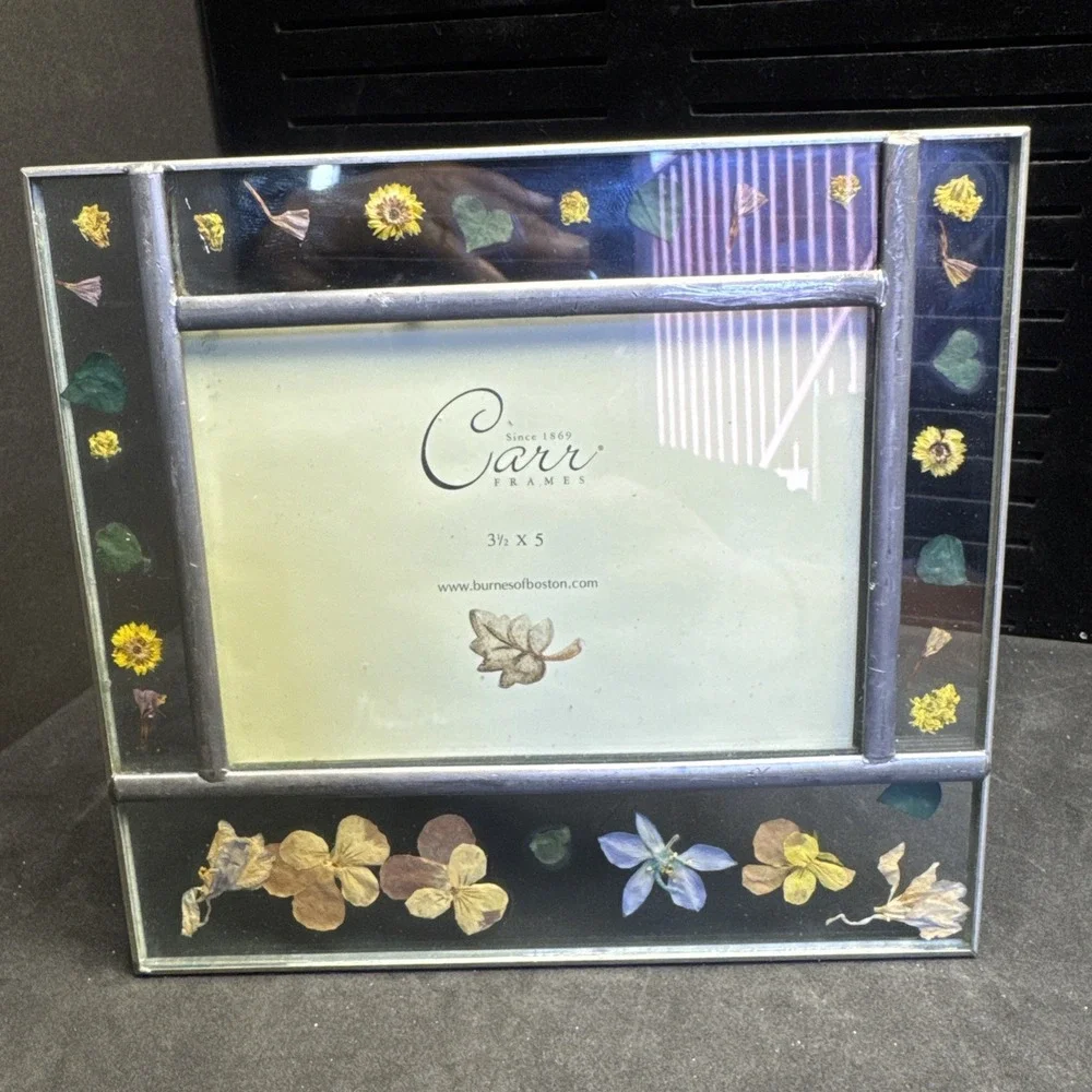 Vtg Carr Leaded Glass Picture Photo Frame Dried Press Flowers‎ Between 3 1/2 x5